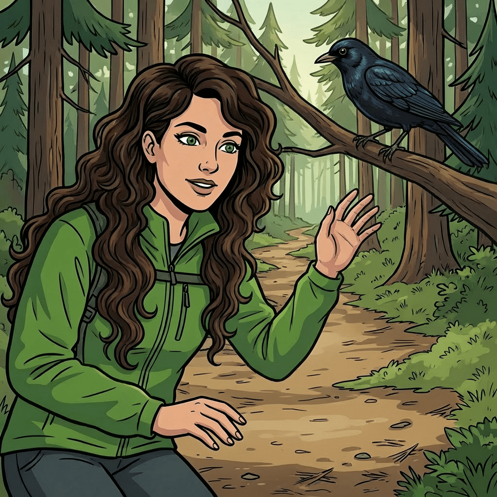 Comic illustration of a hiker saying 'Aha! There you are' to a small bird.