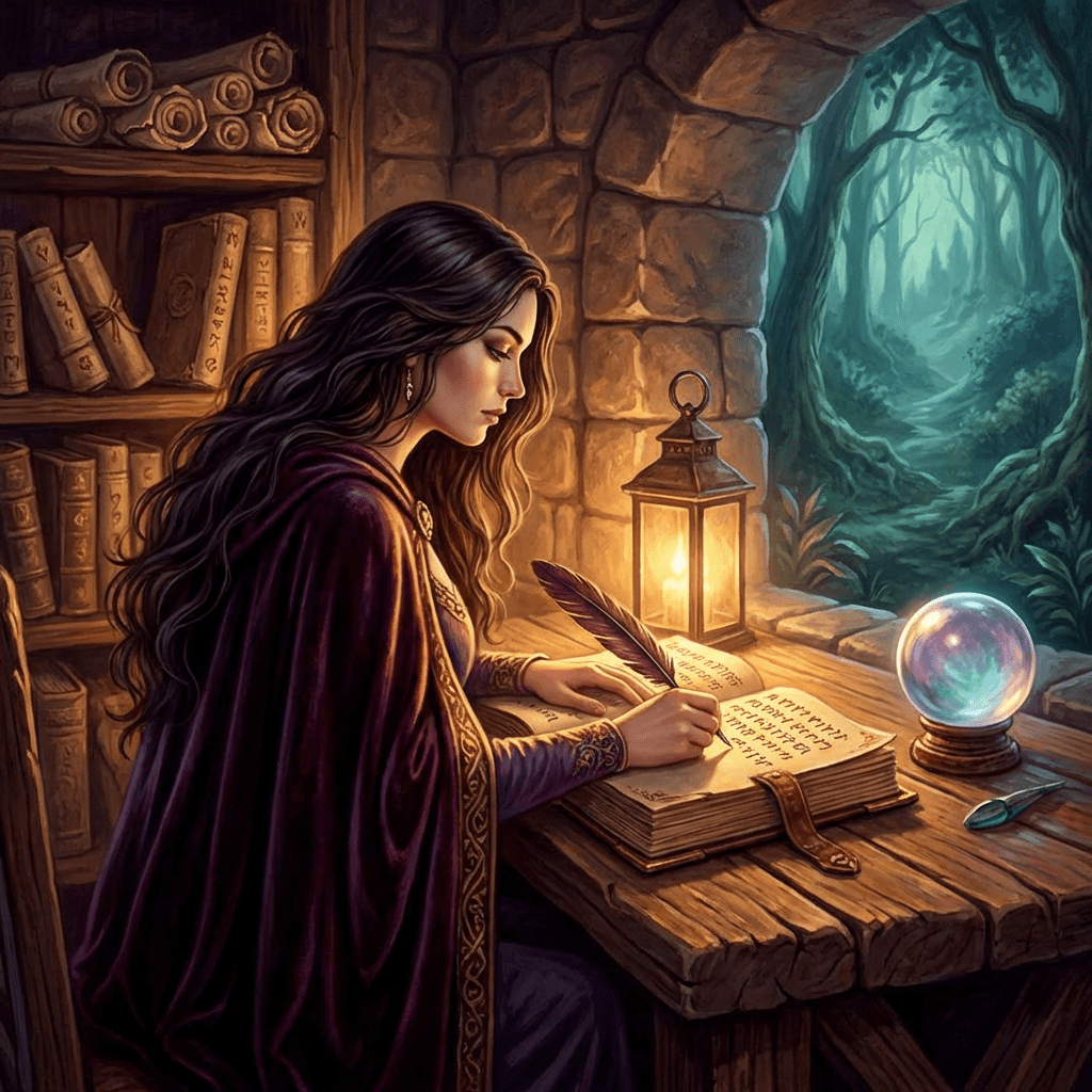 Woman in a purple cloak writing in an ancient book by lantern light.