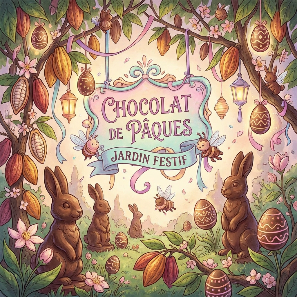 Easter garden illustration with chocolate bunnies and text CHOCOLAT DE PÂQUES JARDIN FESTIF