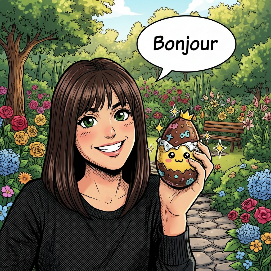 Smiling woman holds a chocolate egg with a speech bubble saying BONJOUR!