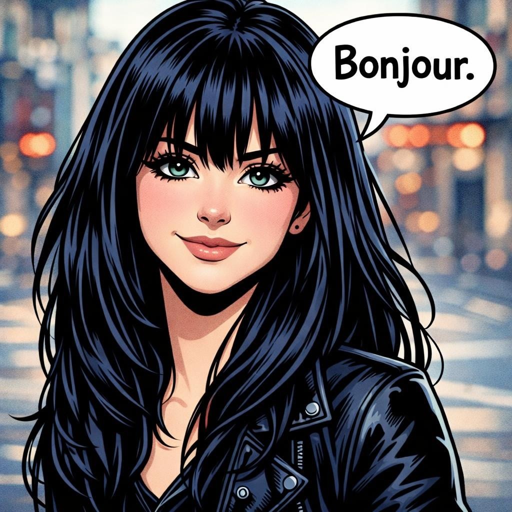 Young woman with black hair smiling and speech bubble saying Bonjour