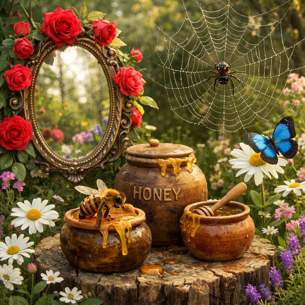 Rustic honey jars on a tree stump with dripping honey, a bee on one jar, a blue butterfly on a daisy, and a spider on a web nearby.
