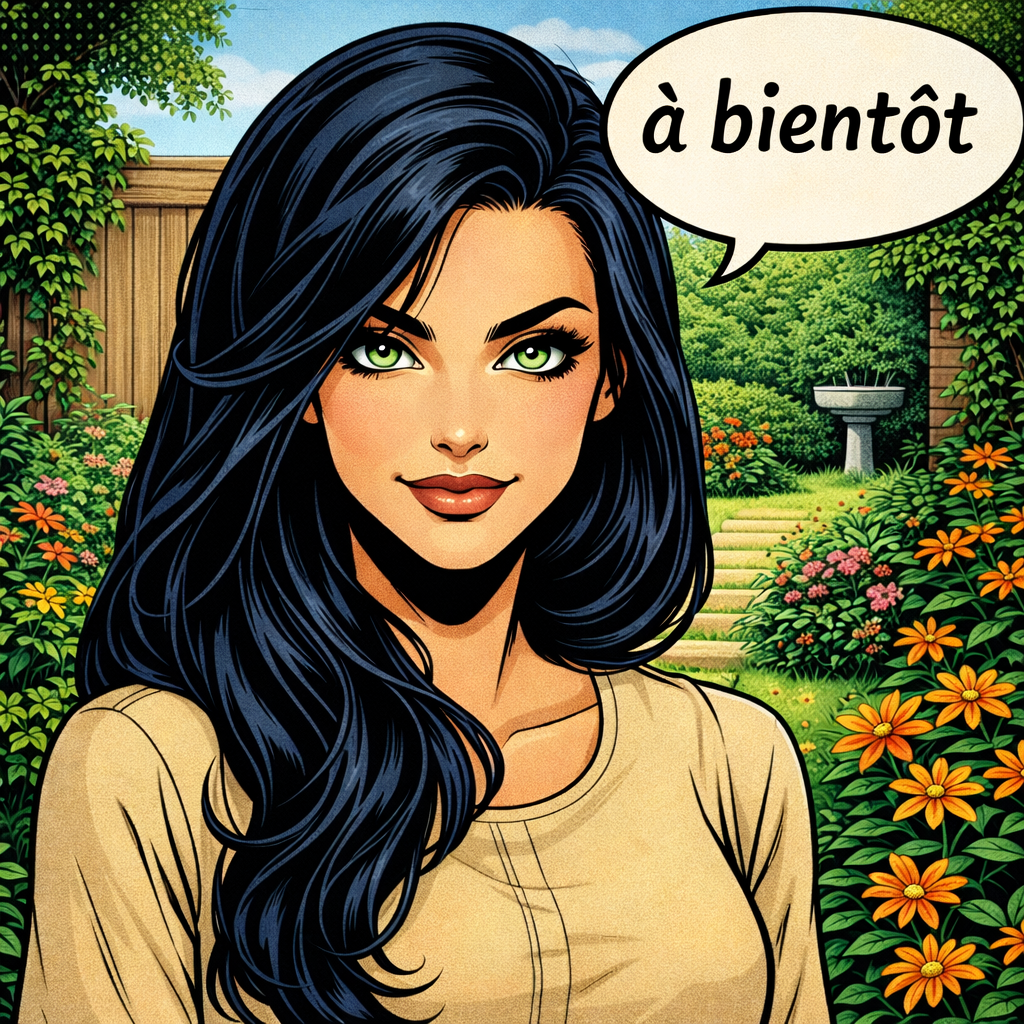 Comic style portrait of a confident woman with green eyes and black hair