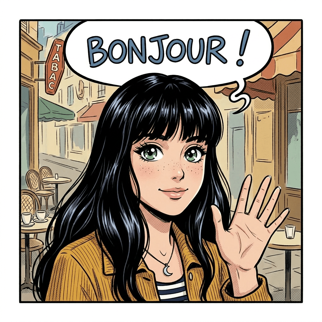 Young woman with black hair waving and saying Bonjour in busy Paris street cafe