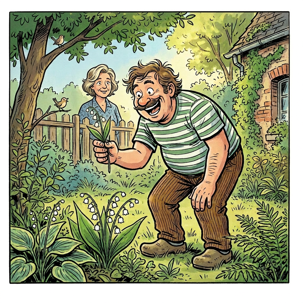 A man in a striped shirt happily holding a lily of the valley flower in a garden
